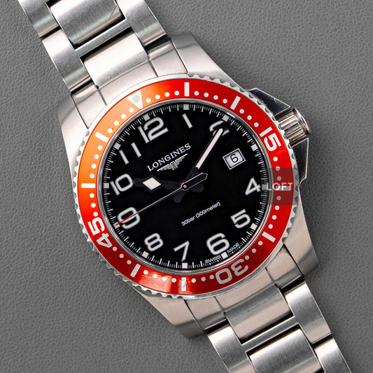 Longines HydroConquest Quartz Black Red Bezel 41mm