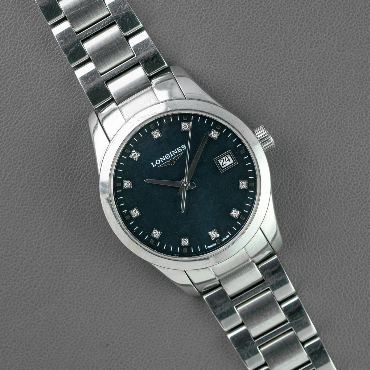 Longines Conquest Classic Black Mother of Pearl Diamond Dial 34mm