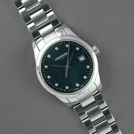 Longines Conquest Classic Black Mother of Pearl Diamond Dial 34mm