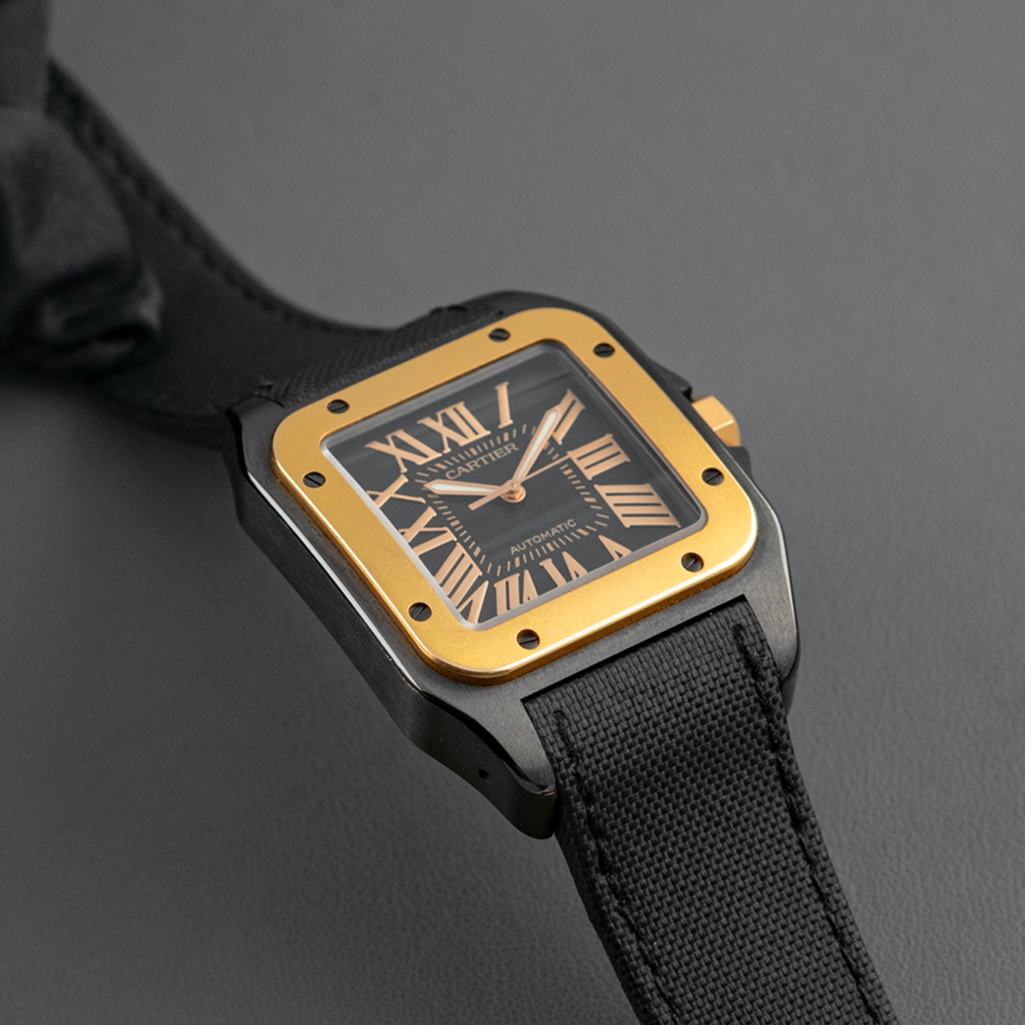 Cartier Santos 100 Black Dial Automatic Golden Bezel 38mm