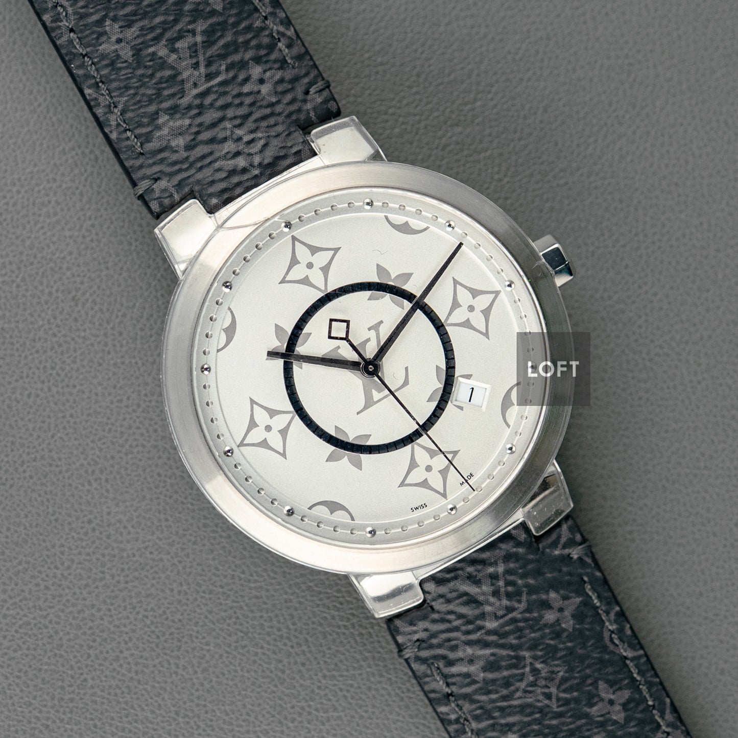 Louis Vuitton Tambour Slim Monogram Quartz Date Silver Dial 39mm