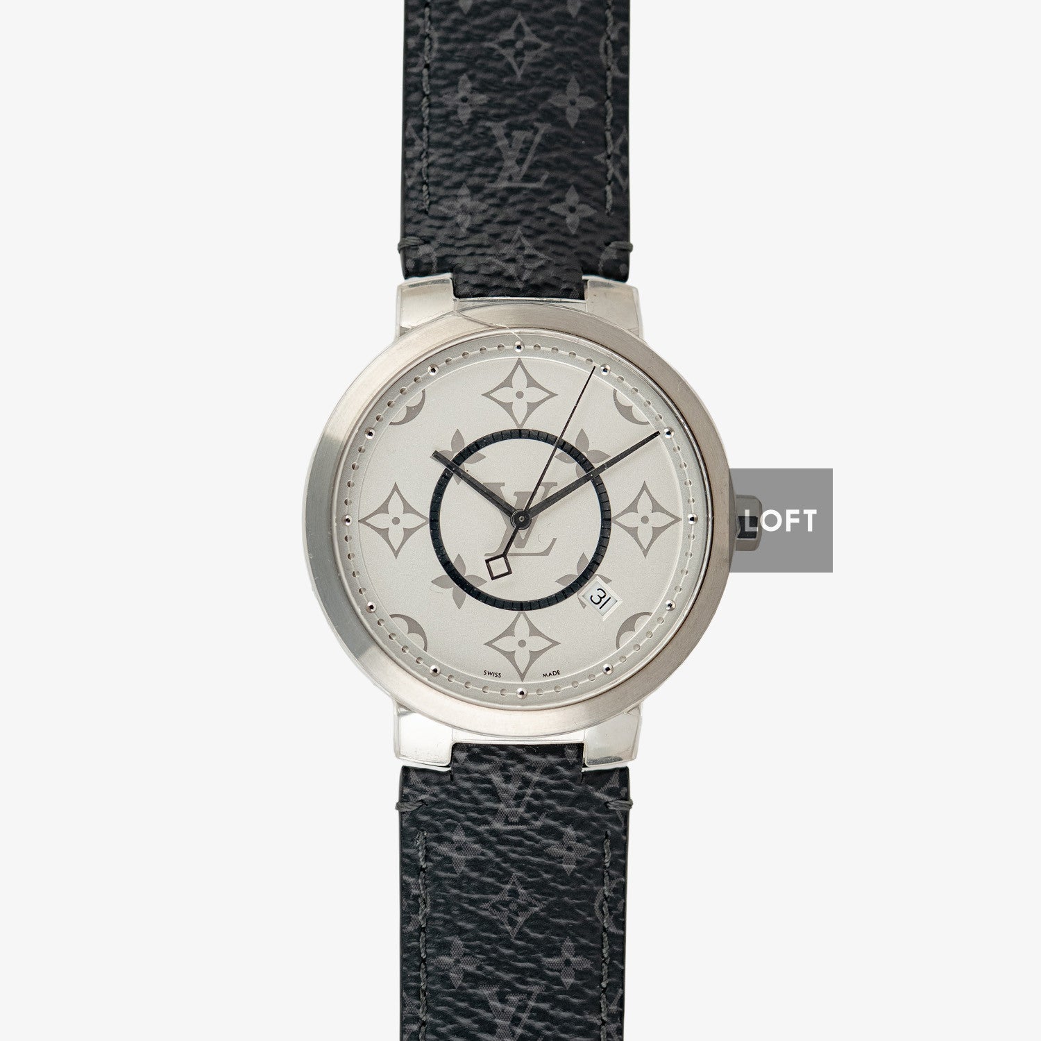 Louis Vuitton Tambour Slim Monogram Quartz Date Silver Dial