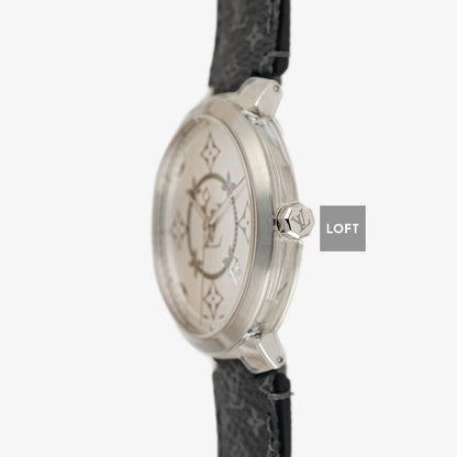 Louis Vuitton Tambour Slim Monogram Quartz Date Silver Dial 39mm