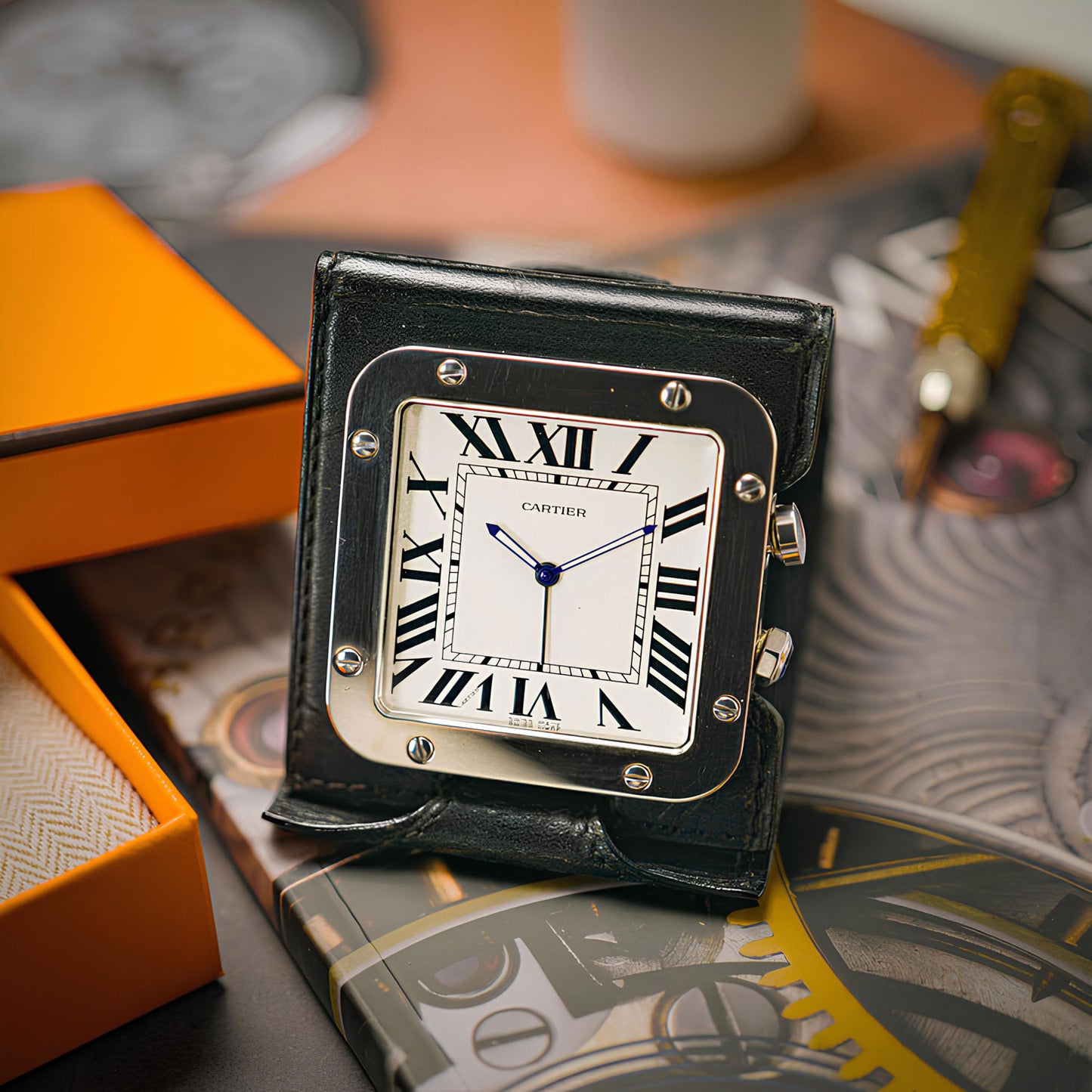 Cartier Santos Travel Alarm Clock White Dial 54mm