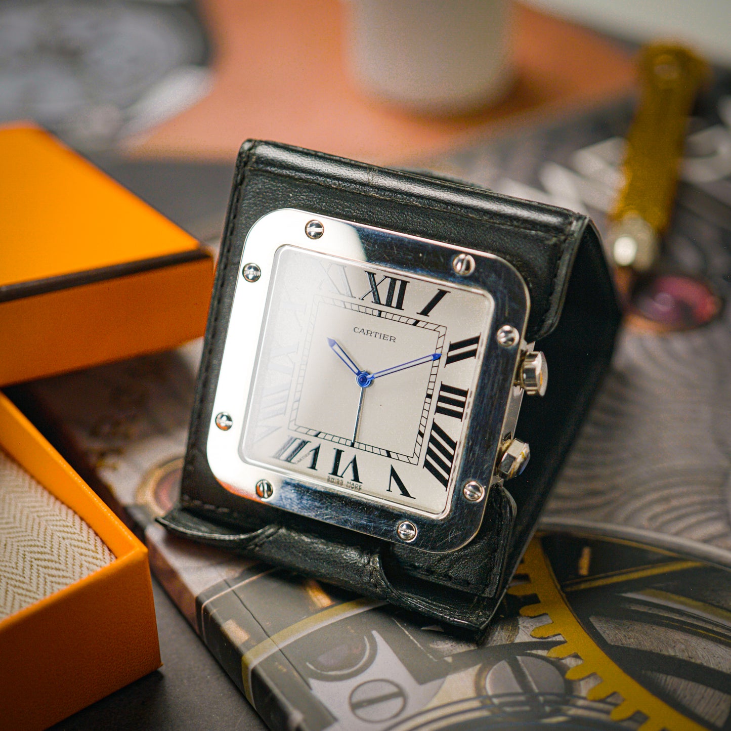 Cartier Santos Travel Alarm Clock White Dial 54mm