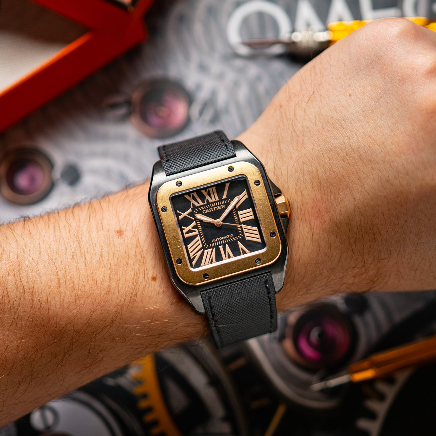 Cartier Santos 100 Black Dial Automatic Golden Bezel 38mm