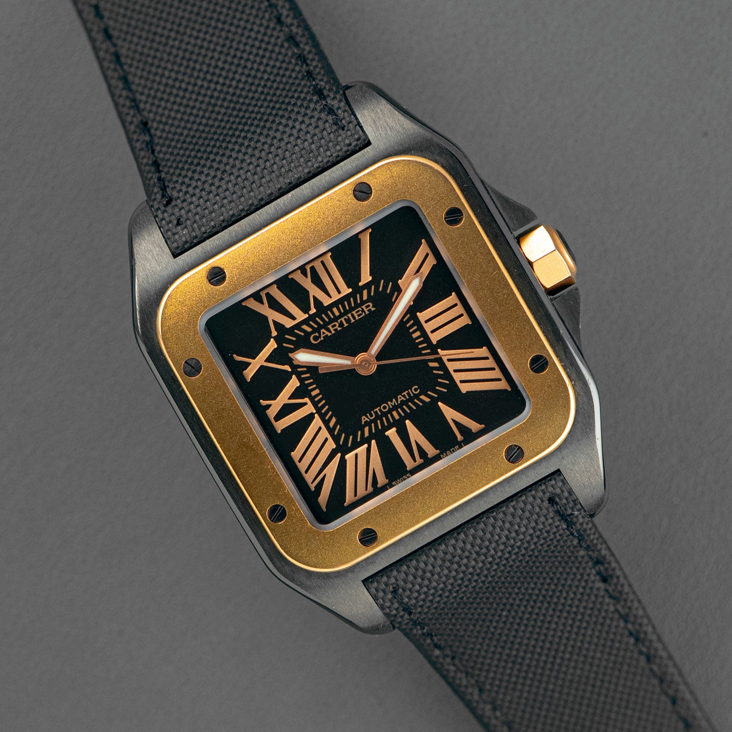 Cartier Santos 100 Black Dial Automatic Gold Bezel 38mm