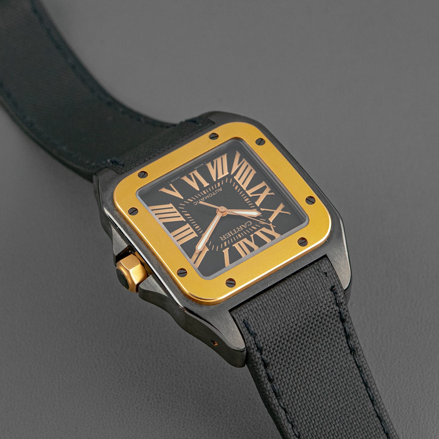 Cartier Santos 100 Black Dial Automatic Gold Bezel 38mm