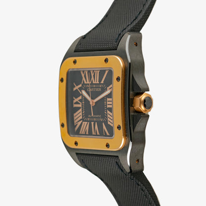 Cartier Santos 100 Black Dial Automatic Gold Bezel 38mm