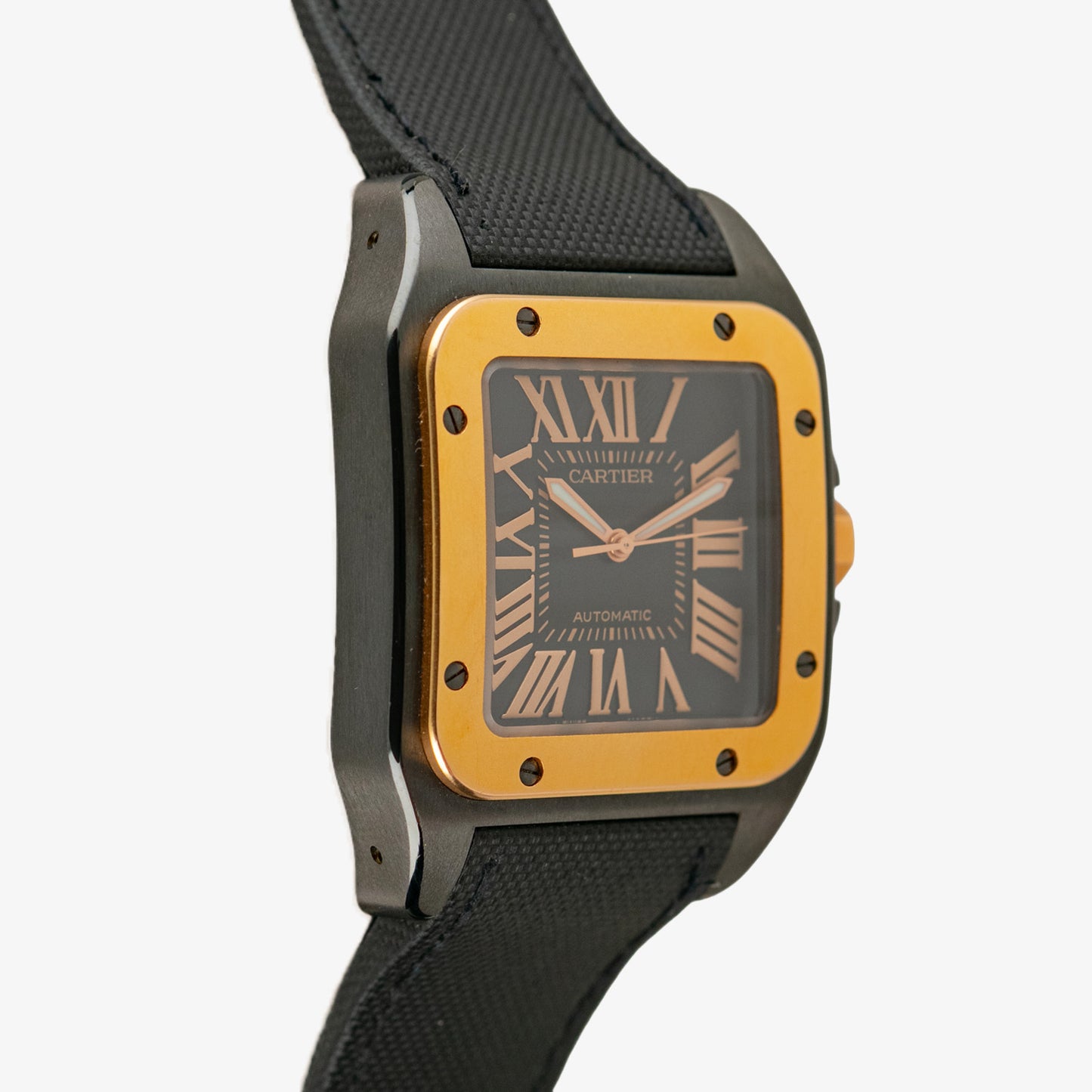 Cartier Santos 100 Black Dial Automatic Gold Bezel 38mm