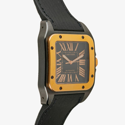 Cartier Santos 100 Black Dial Automatic Gold Bezel 38mm
