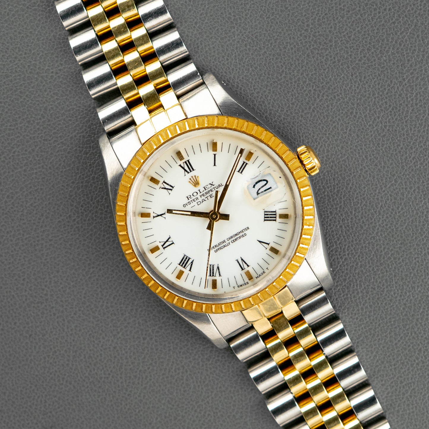 Rolex Oyster Perpetual Date 15053 Two-Tone White Roman Dial 34mm