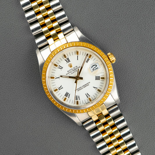 Rolex Oyster Perpetual Date 15053 Two-Tone White Roman Dial 34mm