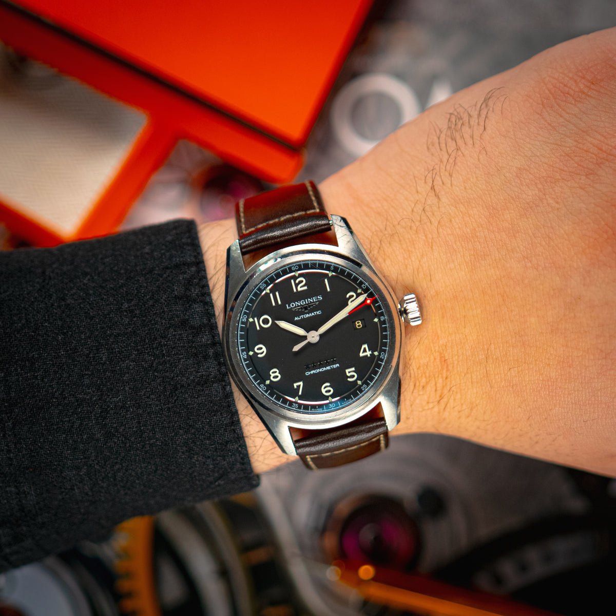 Longines Spirit Automatic Black Dial Brown Strap 40mm